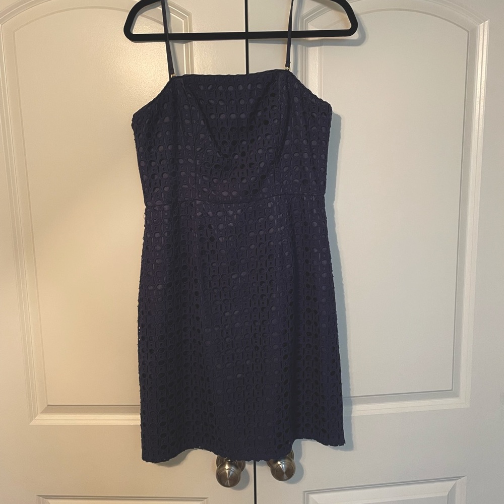 Navy Blue Strapless Eyelet Dress